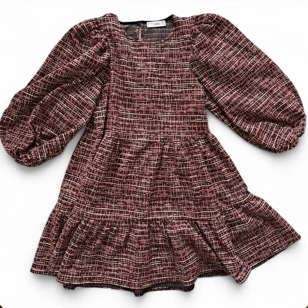 Mango Two-Tone Textured Puff Sleeve Midi Dress Size Medium